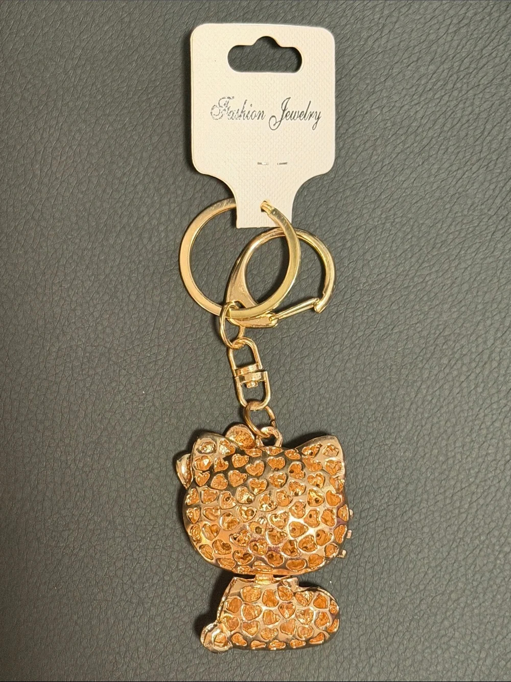 New Fashion Jewelry Rhinestone Gold-tone Cat Keychain Charm with Pink Bow